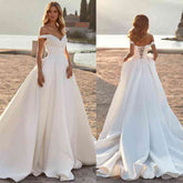 Bmbridal Off-the-Shoulder Satin Wedding Dress Princess Long