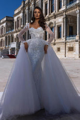 Bmbridal White Long Sleeves Wedding Dress Appliques Mermaid With Detachable Skirt