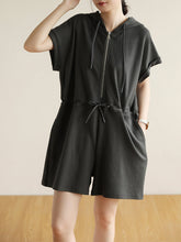 Women Summer Casual Solid Drawstring Cotton Hooded Jumpsuits