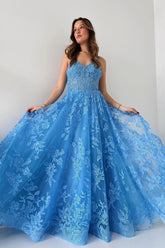 Spaghetti Straps Tulle Appliques Long Prom Dresses