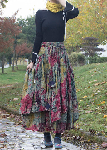 Bohemian Print Wrinkled Asymmetrical Patchwork Cotton Skirts Fall Bohemian Print Wrinkled Asymmetrical Patchwork Cotton Skirts Fall