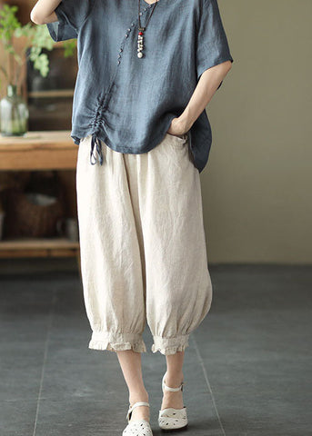 Beige Pockets Patchwork Linen Crop Pants Elastic Waist Summer Beige Pockets Patchwork Linen Crop Pants Elastic Waist Summer
