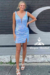 Sheath Sky Blue Sequins Homecoming Dress