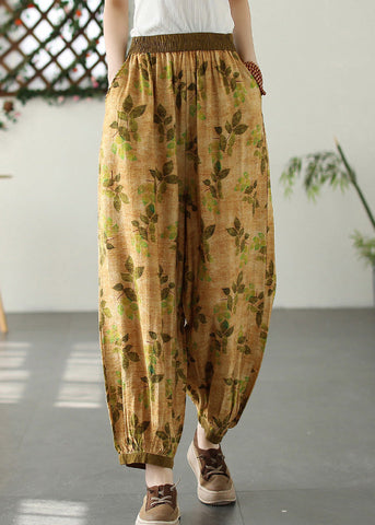 Bohemian Yellow Wrinkled Elastic Waist Crop Lantern Pants Bohemian Yellow Wrinkled Elastic Waist Crop Lantern Pants