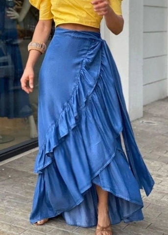 Bohemian Blue Ruffled Tie Waist Patchwork Denim Skirts Summer Bohemian Blue Ruffled Tie Waist Patchwork Denim Skirts Summer