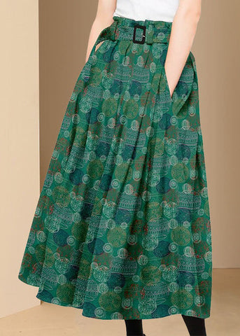 Bohemian Green Wrinkled Pockets Print Patchwork Silk Skirts Summer Bohemian Green Wrinkled Pockets Print Patchwork Silk Skirts Summer