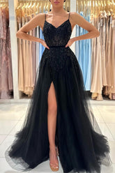 Bmbridal Spaghetti-Straps Black Prom Dress Sleeveless Tulle With Split