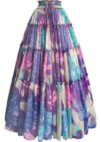 Bohemian Purple Drawstring Wrinkled Patchwork Print Chiffon Skirt Summer Bohemian Purple Drawstring Wrinkled Patchwork Print Chiffon Skirt Summer
