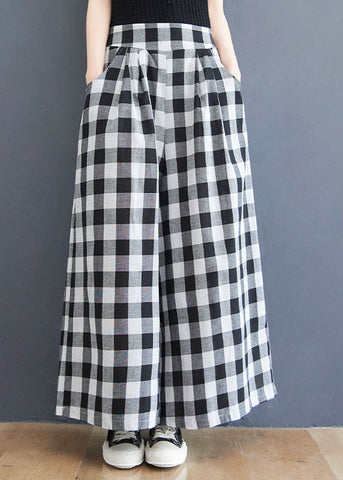 Big Plaid Pockets Patchwork Cotton Straight Pants Wrinkled Summer Big Plaid Pockets Patchwork Cotton Straight Pants Wrinkled Summer