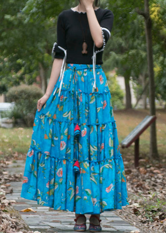 Bohemian Blue Cinched Print High Waist Patchwork Cotton Skirts Summer Bohemian Blue Cinched Print High Waist Patchwork Cotton Skirts Summer