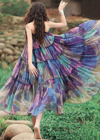Bohemian Purple Drawstring Wrinkled Patchwork Print Chiffon Skirt Summer Bohemian Purple Drawstring Wrinkled Patchwork Print Chiffon Skirt Summer