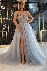 Bmbridal Silver V-Neck Tulle Prom Dress Sleeveless Slit With Beads