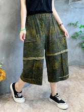 Women Summer Retro Flower Print Spliced Pocket Loose Pants