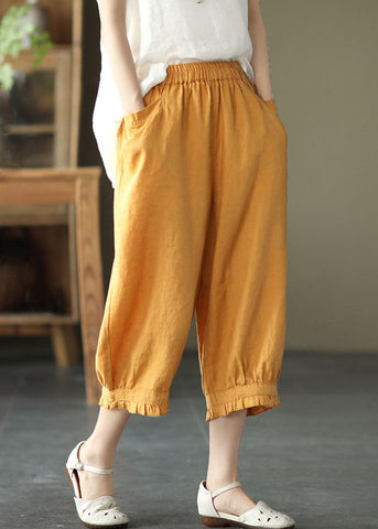 Boho Yellow Pockets Ruffled Patchwork Linen Crop Pants Summer Boho Yellow Pockets Ruffled Patchwork Linen Crop Pants Summer