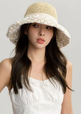 Elegant Beige Hollow Out Lace Patchwork Straw Woven Bucket Hat