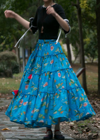 Bohemian Blue Cinched Print High Waist Patchwork Cotton Skirts Summer Bohemian Blue Cinched Print High Waist Patchwork Cotton Skirts Summer