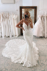 Bmbridal Spaghetti-Straps V-Neck Mermaid Wedding Dress Sleeveless Lace Appliques