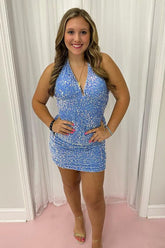 Sparkly Bodycon Halter Neck Blue Sequins Short Homecoming Dress with Backless