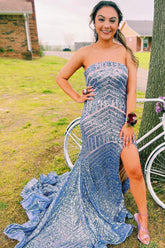 Sky Sequins Strapless Long Prom Dress