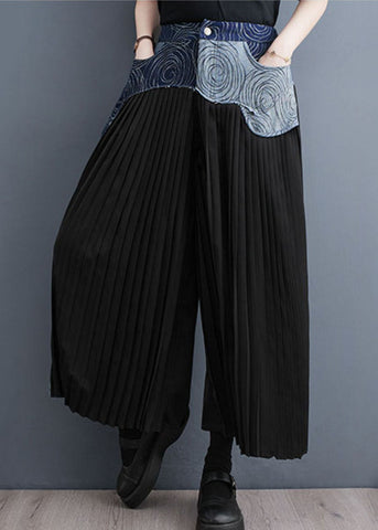 Bohemian Blue Pockets Wrinkled Denim Patchwork Cotton Wide Leg Pants Skirt Summer Bohemian Blue Pockets Wrinkled Denim Patchwork Cotton Wide Leg Pants Skirt Summer