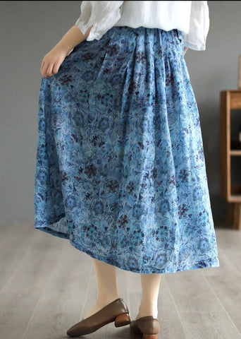 Blue Print Pockets Patchwork Linen Skirt Wrinkled Tie Waist Summer Blue Print Pockets Patchwork Linen Skirt Wrinkled Tie Waist Summer