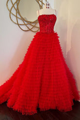 Princess A Line Spaghetti Straps Red Long Prom Dress with Ruffles Appliques