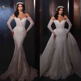 Bmbridal Long Sleeves Wedding Dress Lace Mermaid With Detachable Skirt