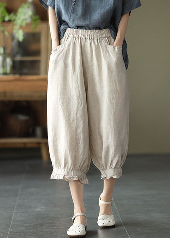 Beige Pockets Patchwork Linen Crop Pants Elastic Waist Summer Beige Pockets Patchwork Linen Crop Pants Elastic Waist Summer