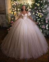 BMbridal Off-the-Shoulder Ball Gown Tulle Wedding Dress Shinning Sequins