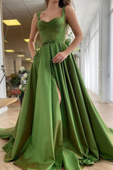Princess A Line Sweetheart Green Long Prom Dress with Silt