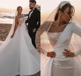 Bmbridal One Shoulder Long Sleeves Wedding Dress Sequins Bridal Gown