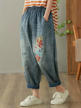Women Summer Vintage Flower Embroidery Denim Harem Pants