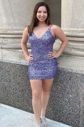 Sparkly Bodycon Spaghetti Straps Purple Sequins Short Homecoming Dress with Open Back