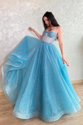 Bling A Line Spaghetti Straps Light Blue Sequns Long Prom Dress