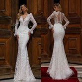 Bmbridal Long Sleeves Mermaid Wedding Dress Lace V-Neck