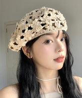 Stylish Beige Hollow Out Floral Knit Beret Hat