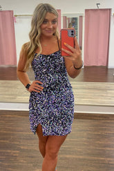 Sparkly Sheath Spaghetti Straps Purple Sequins Short Homecoming Dress with Criss Cross Back