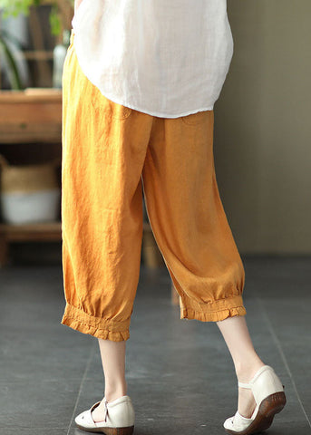 Boho Yellow Pockets Ruffled Patchwork Linen Crop Pants Summer Boho Yellow Pockets Ruffled Patchwork Linen Crop Pants Summer