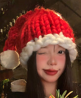 Stylish Red Fuzzy Ball Decorated Knit Bonnie Hat