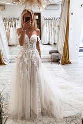 Bmbridal Champagne Tulle Wedding Dress Off-the-Shoulder With Appliques