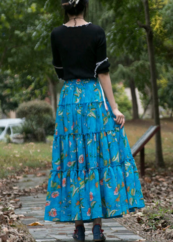 Bohemian Blue Cinched Print High Waist Patchwork Cotton Skirts Summer Bohemian Blue Cinched Print High Waist Patchwork Cotton Skirts Summer