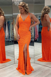 Sequins Backless Prom Dress with Slit