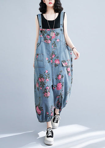 Bohemian Light Blue Oversized Print Pockets Denim Jumpsuits Summer Bohemian Light Blue Oversized Print Pockets Denim Jumpsuits Summer