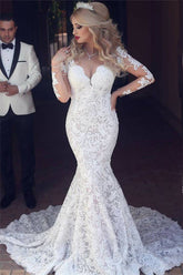 Bmbridal Long Sleeves Lace Wedding Dress Mermaid Bridla Gowns