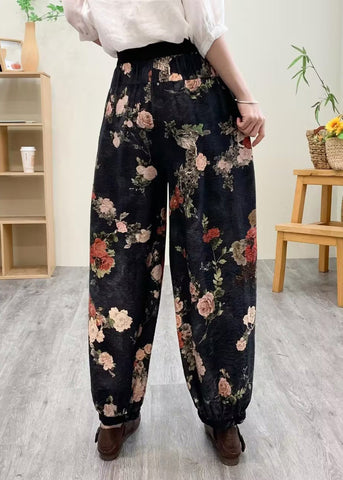 Black Print Silk Linen Lantern Pants Summer Black Print Silk Linen Lantern Pants Summer