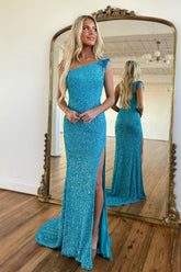 Mermaid One Shoulder Blue Sequins Long Prom Dress with Split Front