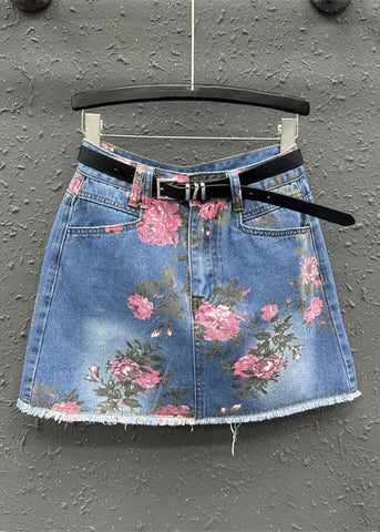 Boho Blue Print High Waist Sashes Skirt Summer Boho Blue Print High Waist Sashes Skirt Summer