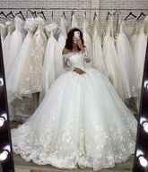 BMbridal Long Sleeves Off-the-Shoulder Wedding Dress Ball Gown With Lace Appliques