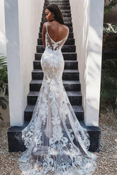BMbridal Sleeveless Spaghetti-Straps Lace Wedding Dress Mermaid Open Back