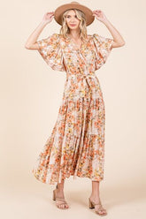 Floral Tie Waist Flutter Sleeve Tiered Summer Dress